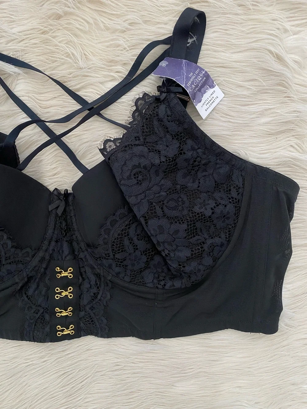 Cacique Lane Bryant Black Lace Lightly Lined French Balconette Bra Lingerie 50DD